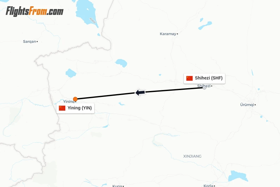 Flights from Shihezi to Yining route map
