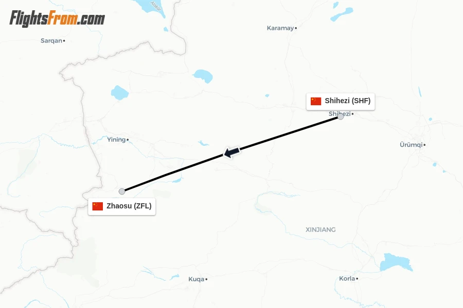 Flights from Shihezi to Zhaosu route map