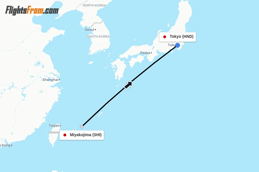 Flights from Miyakojima to Tokyo route map