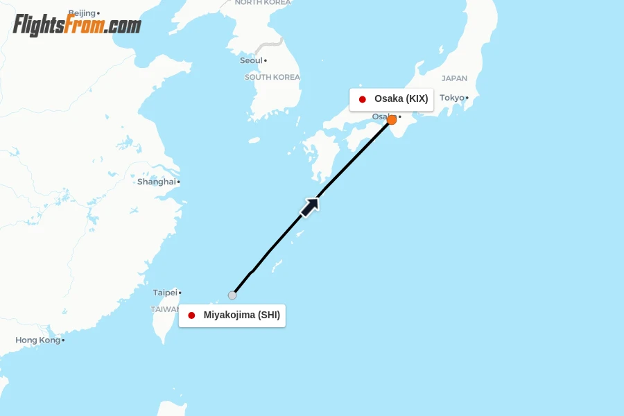 Flights from Miyakojima to Osaka route map