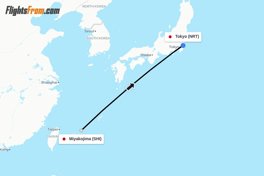 Flights from Miyakojima to Tokyo route map