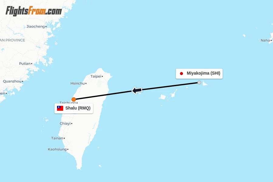 Flights from Miyakojima to Shalu route map