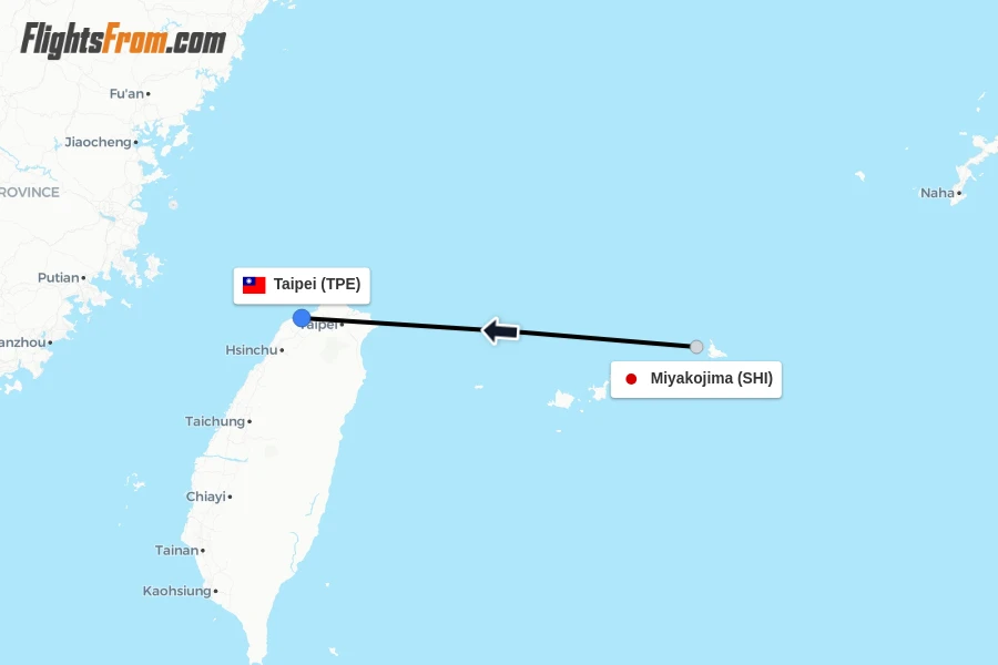Flights from Miyakojima to Taipei route map