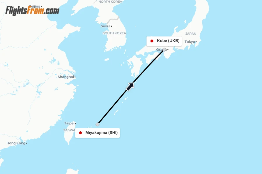 Flights from Miyakojima to Kobe route map