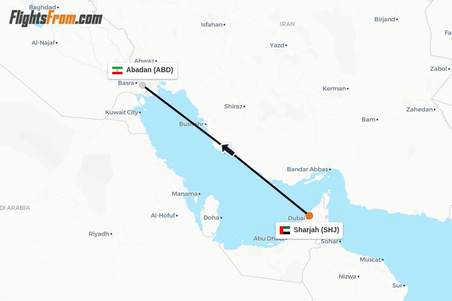 Flights from Sharjah to Abadan route map