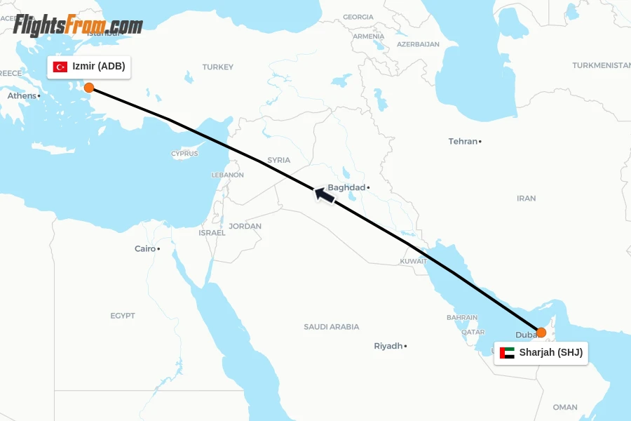 Flights from Sharjah to Izmir route map