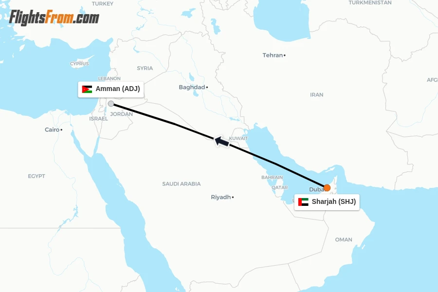 Flights from Sharjah to Amman route map