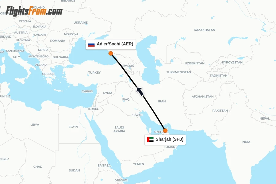 Flights from Sharjah to Adler/Sochi route map
