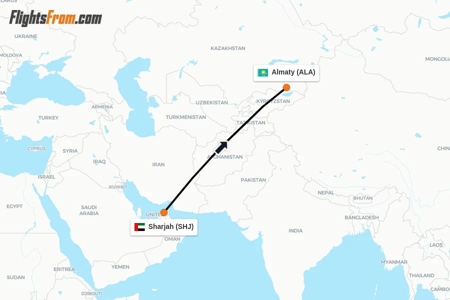 Flights from Sharjah to Almaty route map