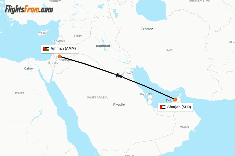 Flights from Sharjah to Amman route map