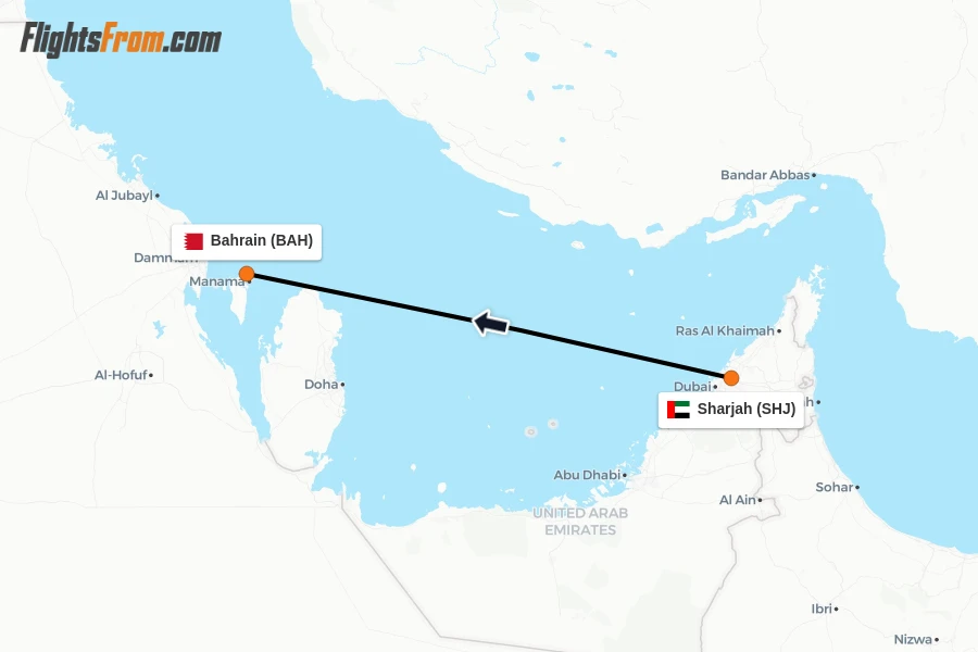 Flights from Sharjah to Bahrain route map