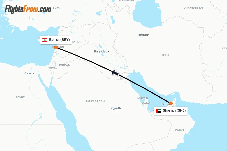 Flights from Sharjah to Beirut route map