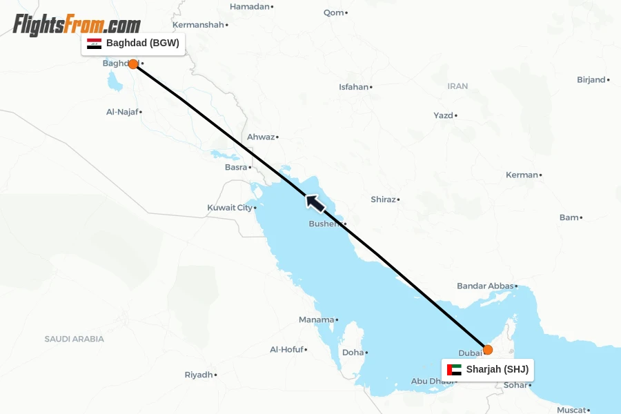 Flights from Sharjah to Baghdad route map