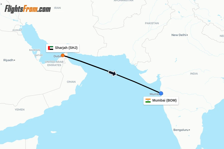 Flights from Sharjah to Mumbai route map