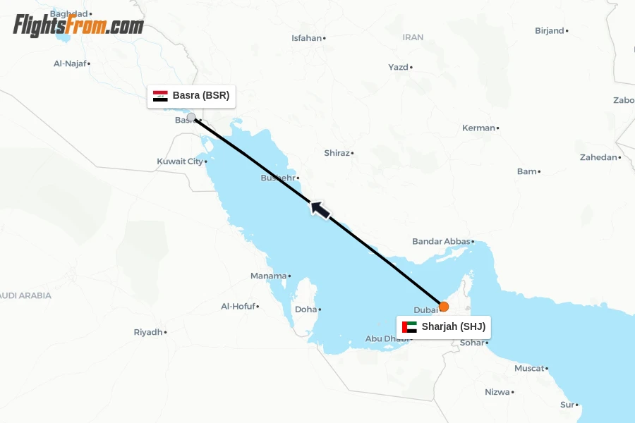 Flights from Sharjah to Basra route map