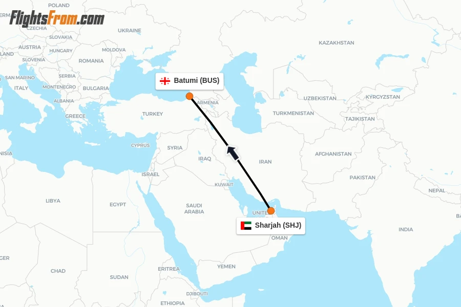Flights from Sharjah to Batumi route map