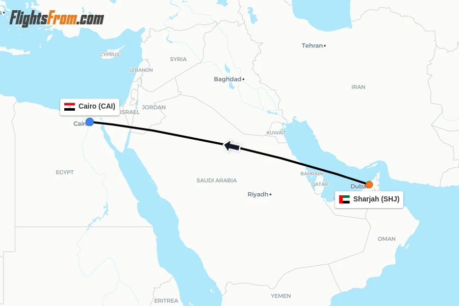 Flights from Sharjah to Cairo route map