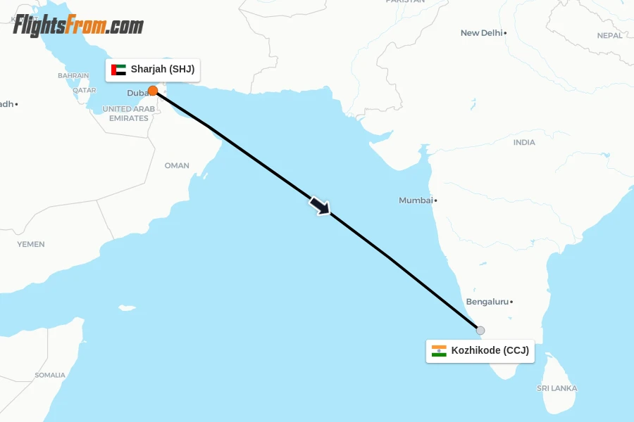 Flights from Sharjah to Kozhikode route map