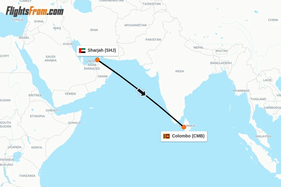 Flights from Sharjah to Colombo route map