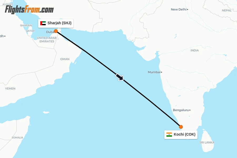 Flights from Sharjah to Kochi route map