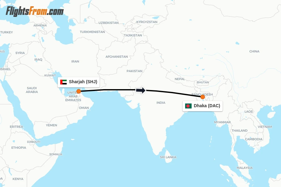 Flights from Sharjah to Dhaka route map