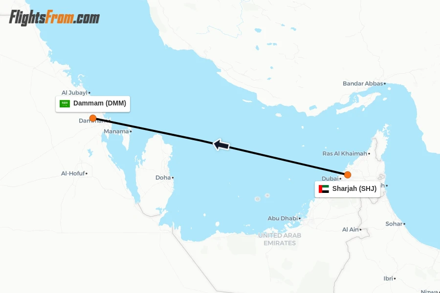 Flights from Sharjah to Dammam route map