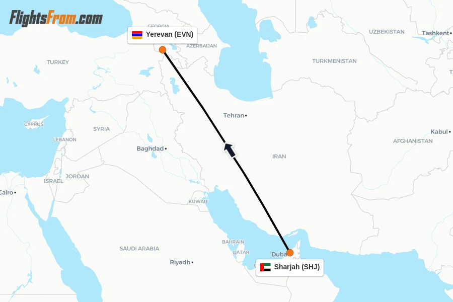 Flights from Sharjah to Yerevan route map