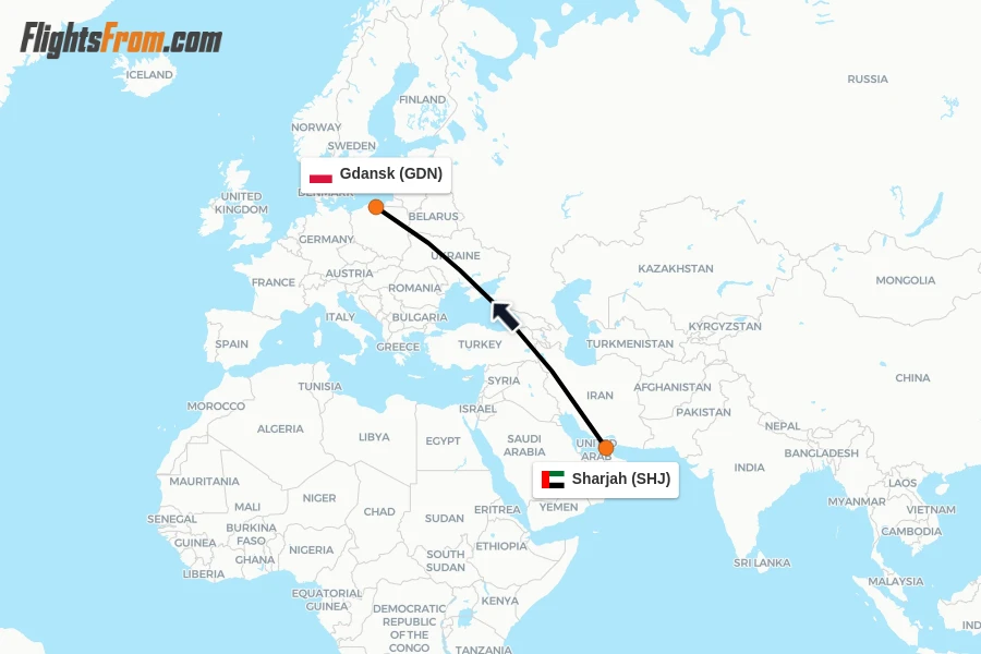 Flights from Sharjah to Gdansk route map