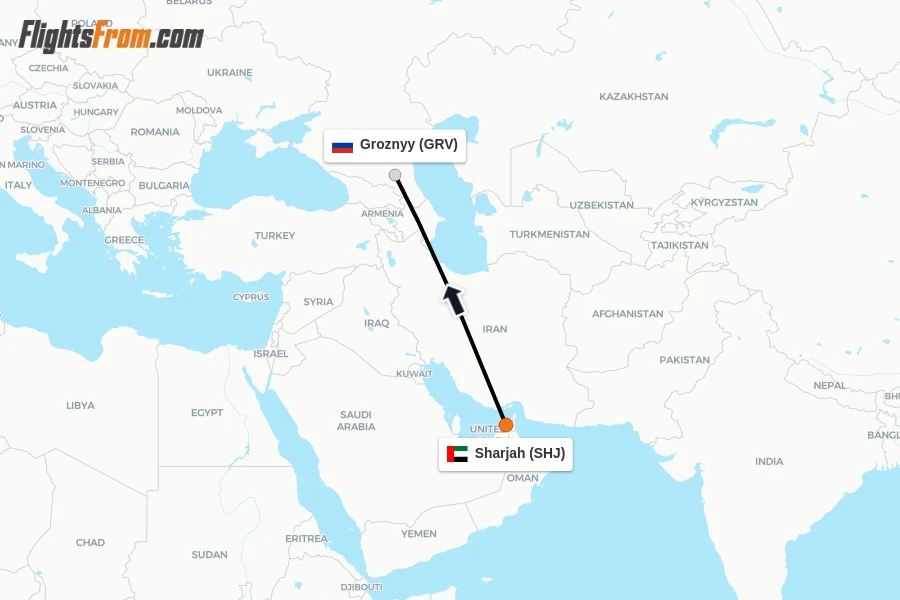 Flights from Sharjah to Groznyy route map