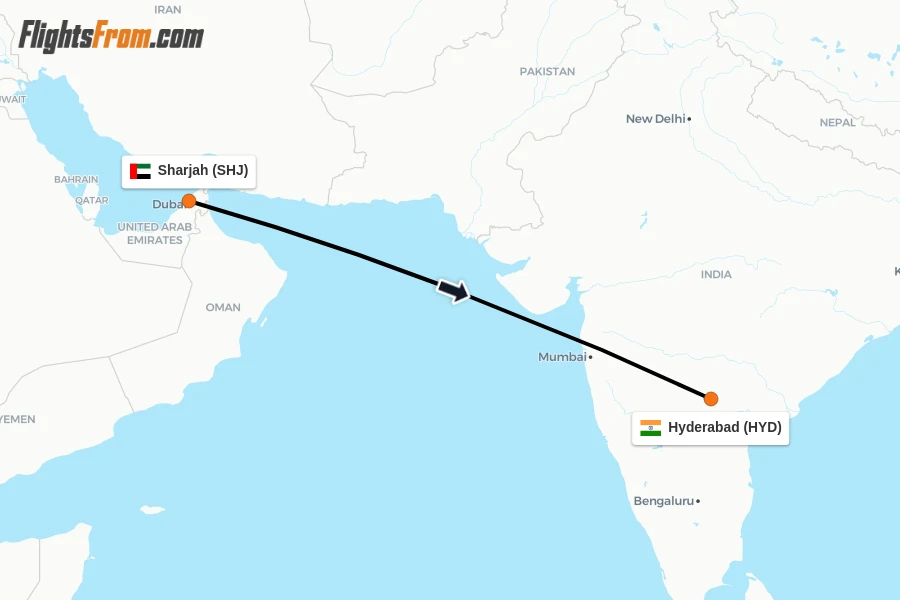 Flights from Sharjah to Hyderabad route map