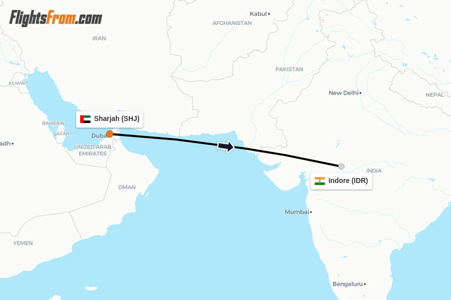 Flights from Sharjah to Indore route map