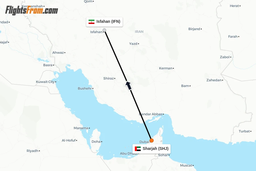 Flights from Sharjah to Isfahan route map