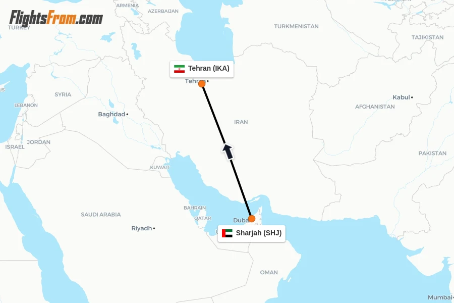 Flights from Sharjah to Tehran route map
