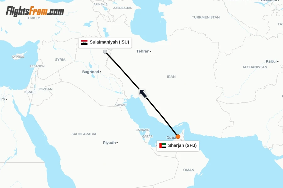 Flights from Sharjah to Sulaimaniyah route map