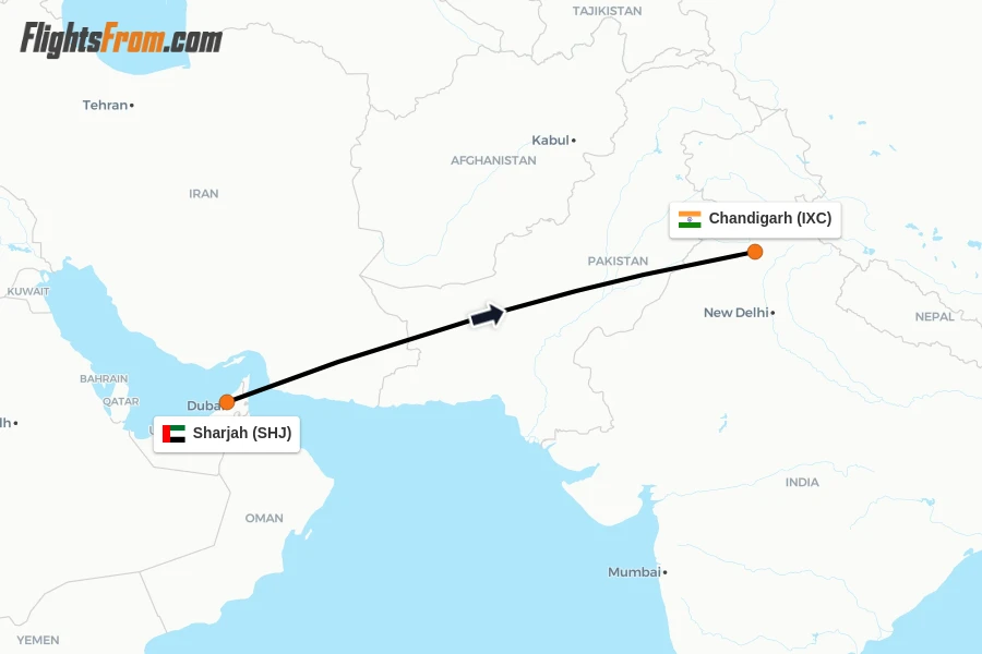 Flights from Sharjah to Chandigarh route map