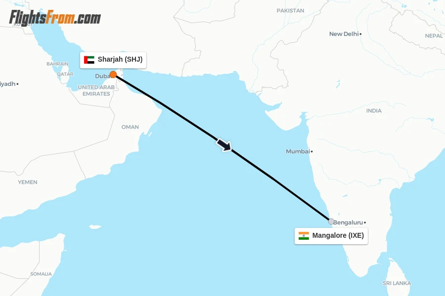 Flights from Sharjah to Mangalore route map