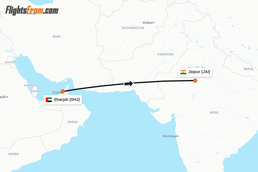 Flights from Sharjah to Jaipur route map