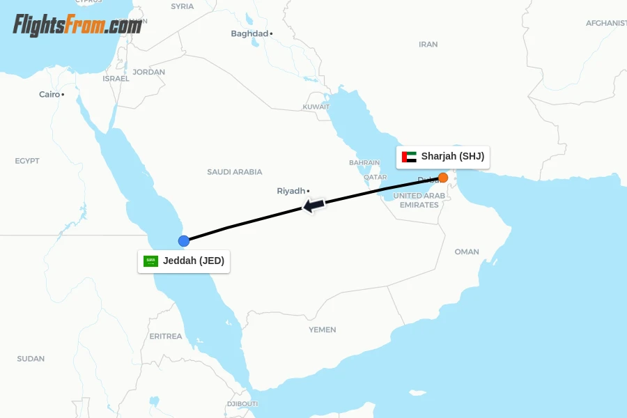 Flights from Sharjah to Jeddah route map
