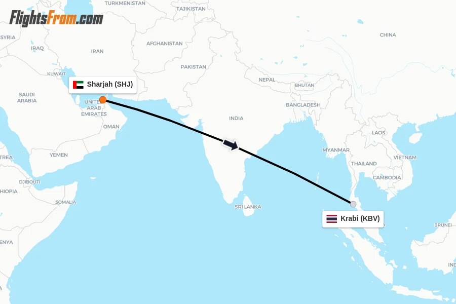Flights from Sharjah to Krabi route map
