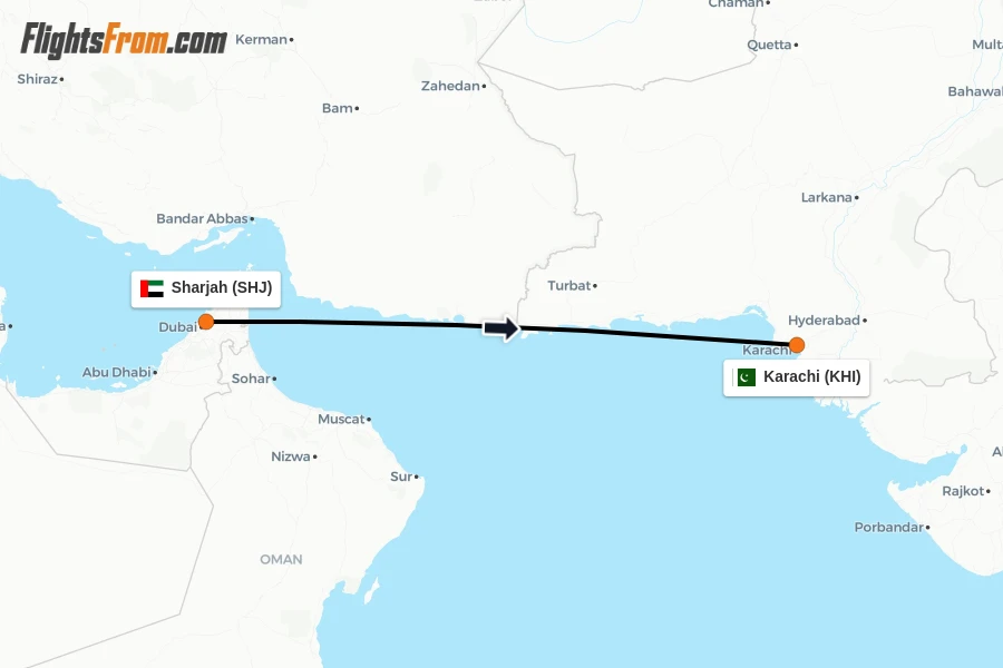 Flights from Sharjah to Karachi route map