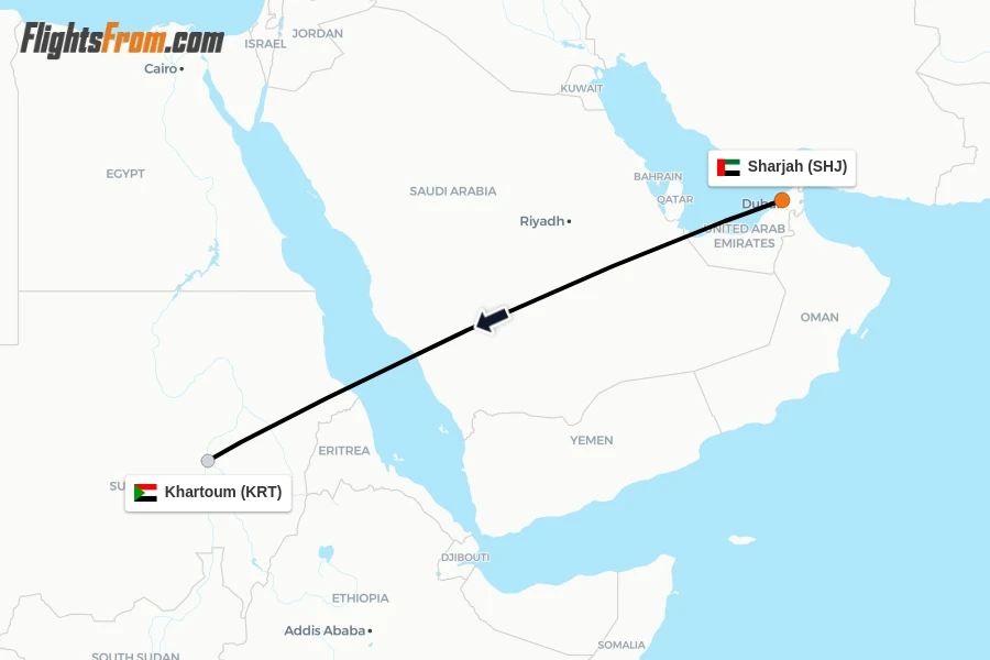 Flights from Sharjah to Khartoum route map