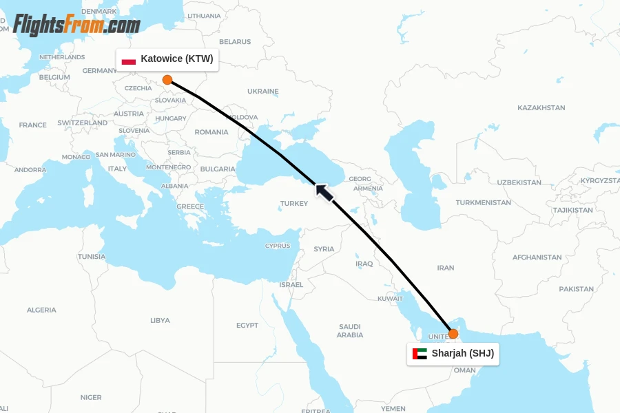 Flights from Sharjah to Katowice route map