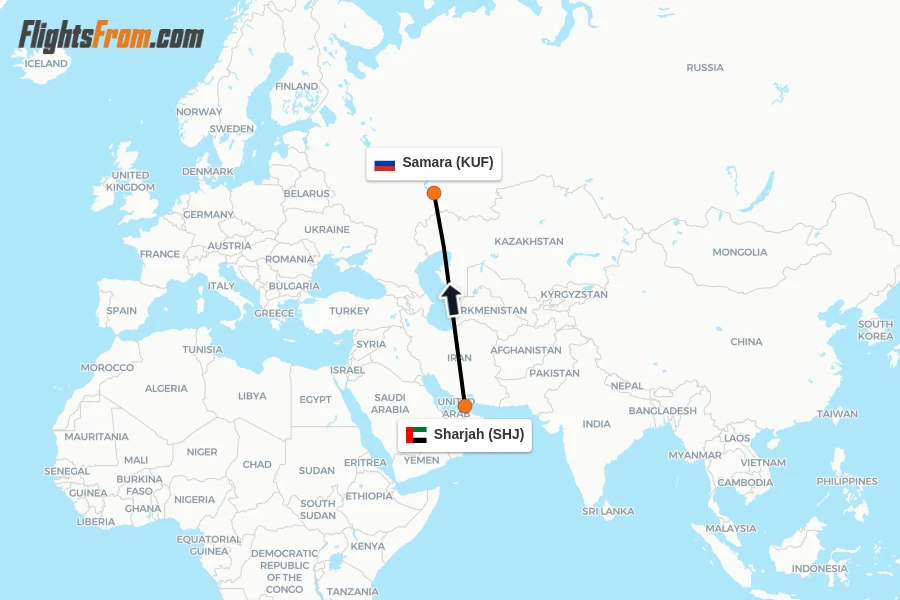 Flights from Sharjah to Samara route map