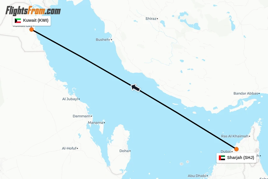 Flights from Sharjah to Kuwait route map
