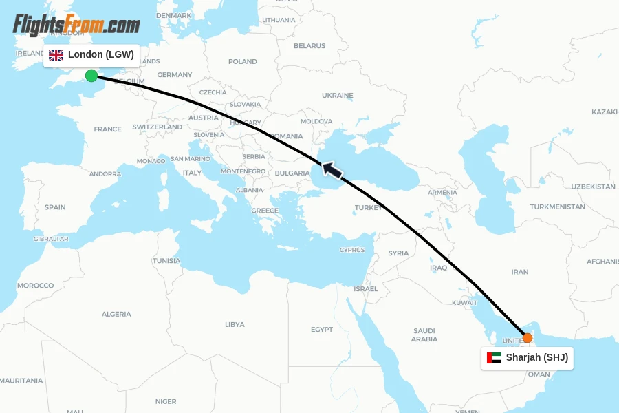Flights from Sharjah to London route map