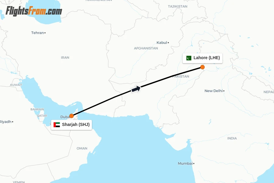 Flights from Sharjah to Lahore route map