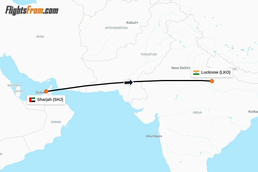 Flights from Sharjah to Lucknow route map