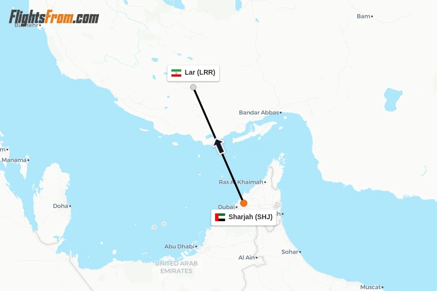 Flights from Sharjah to Lar route map