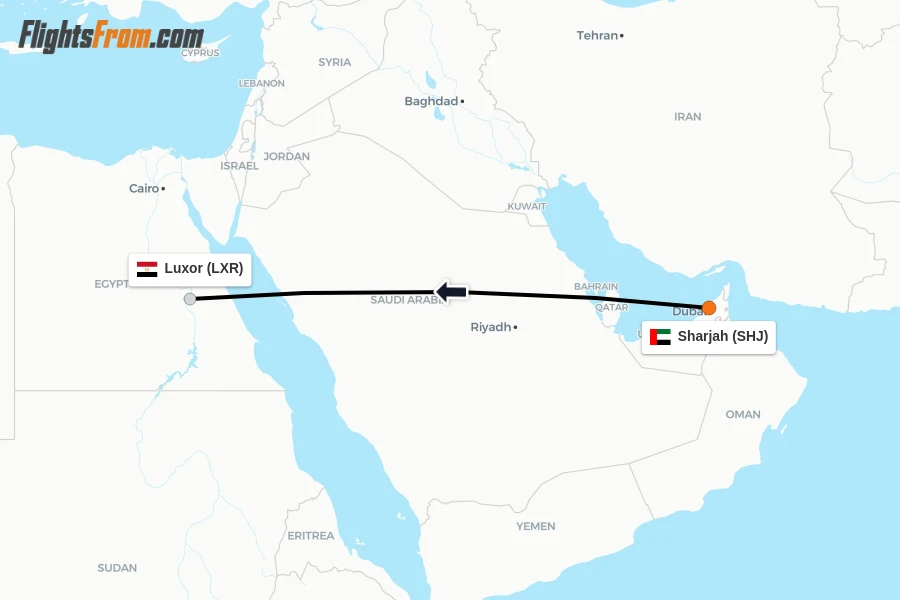 Flights from Sharjah to Luxor route map