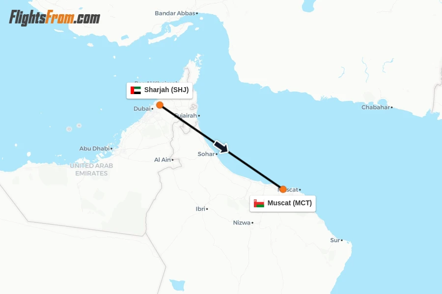 Flights from Sharjah to Muscat route map